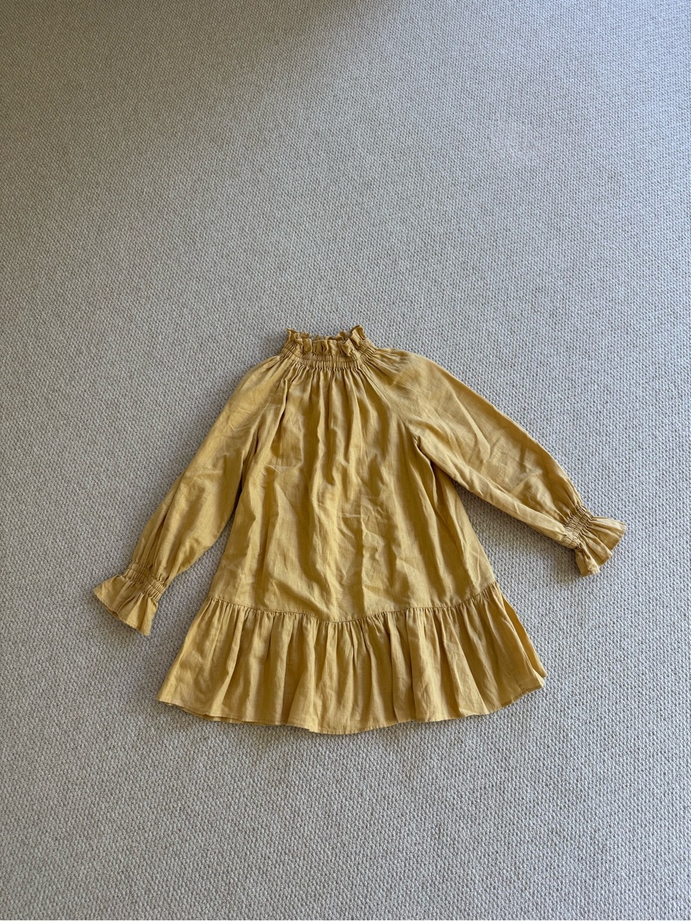 Ephmera Mustard Long Sleeve Linen Dress with Ruffle neck